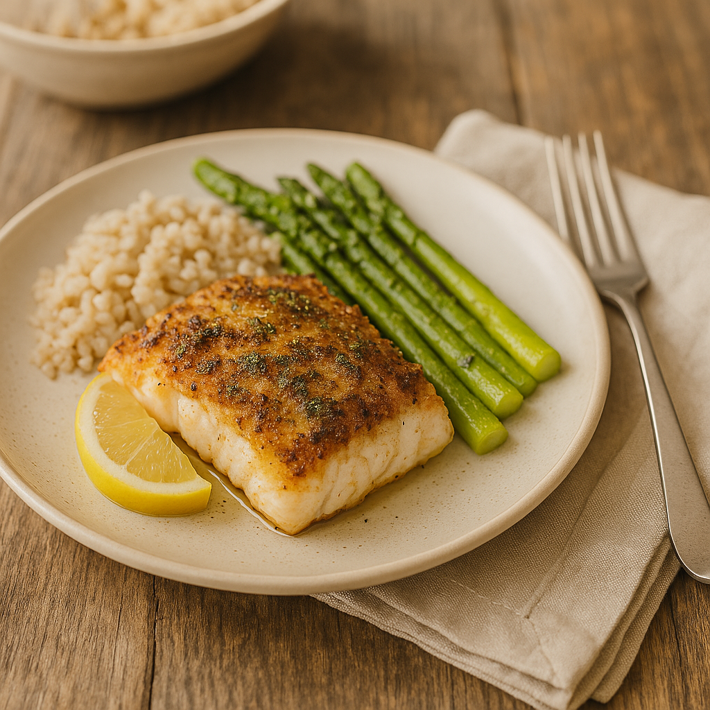 “Crispy golden cod fillet served with asparagus and brown rice on a rustic farmhouse table, silverware resting on a folded linen napkin.”