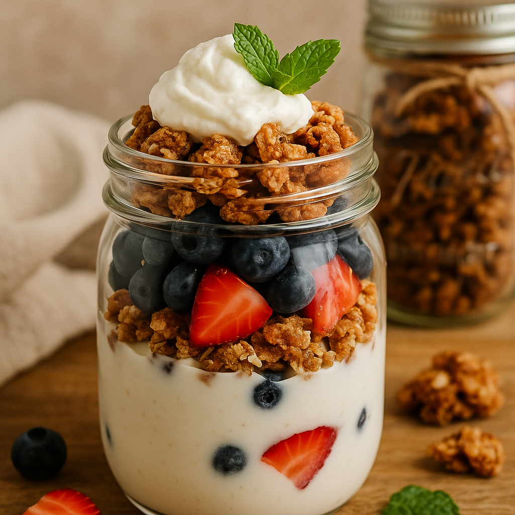 Berry yogurt parfait layered in a mason jar with fresh berries and creamy dairy-free yogurt